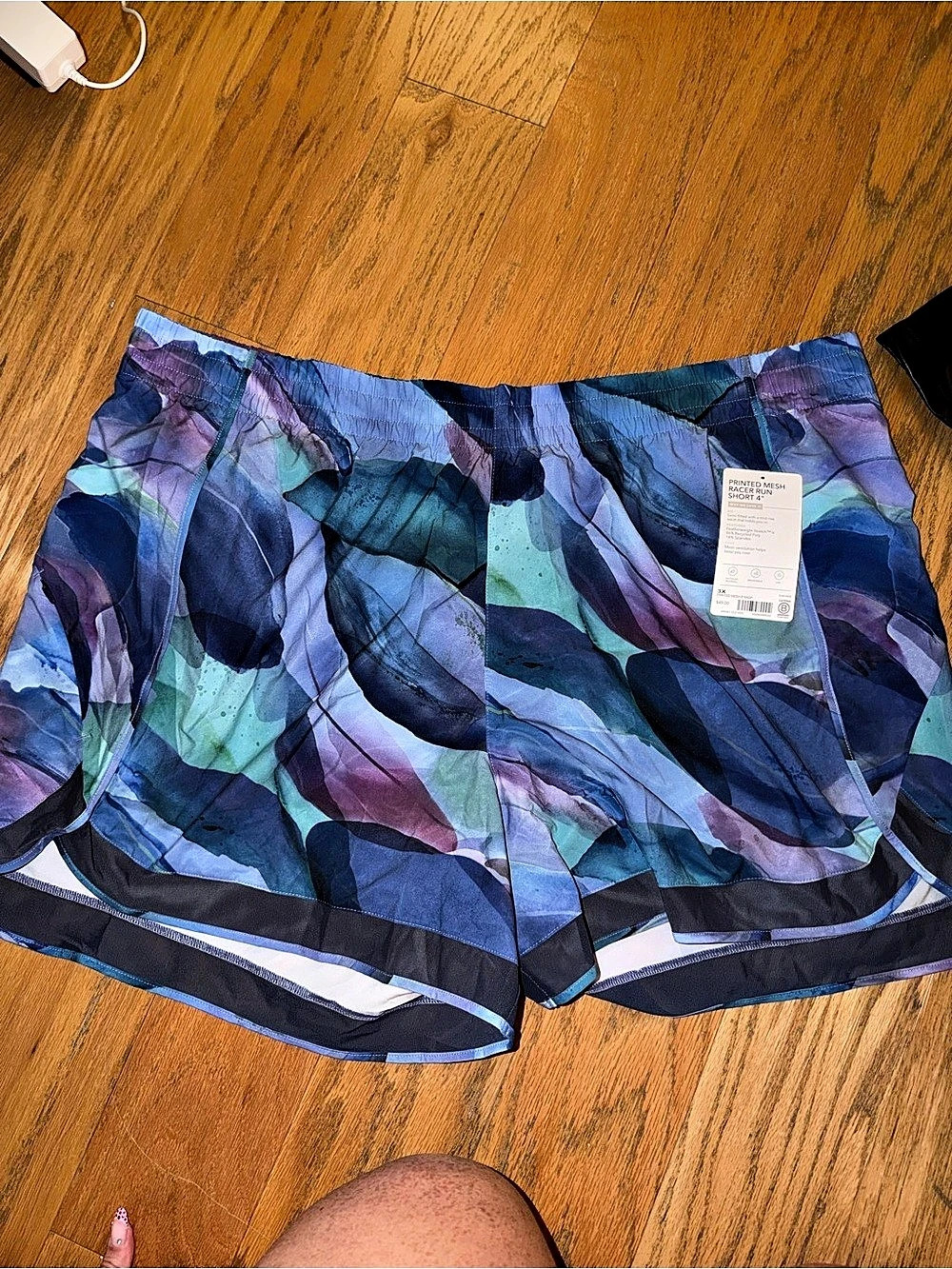 Athleta Printed Mesh Racer Run Short 4" Abstract Athletic Shorts in Blue & Purpl